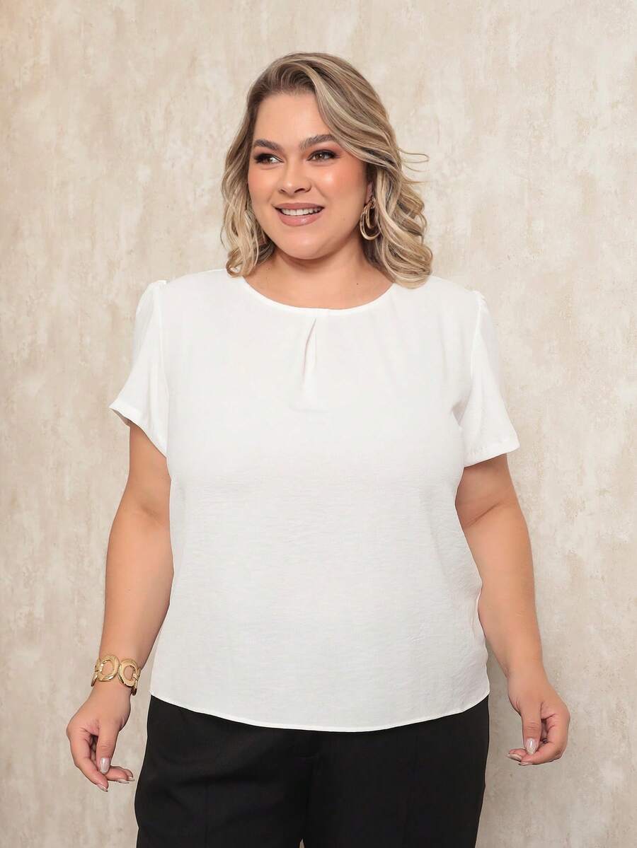 ONLYONE - PLUS SIZE WOMEN'S BLOUSE, SHORT SLEEVE, PRINCESS, PLEATES, LIGHT DUNES NECKLINE - ELEGANT WOMEN'S BLOUSES, LARGE - White - View 1