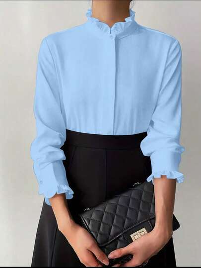 Weiße Rüschenbluse für Frauen, einfarbig, minimalistisch, lässiger Alltags-Look