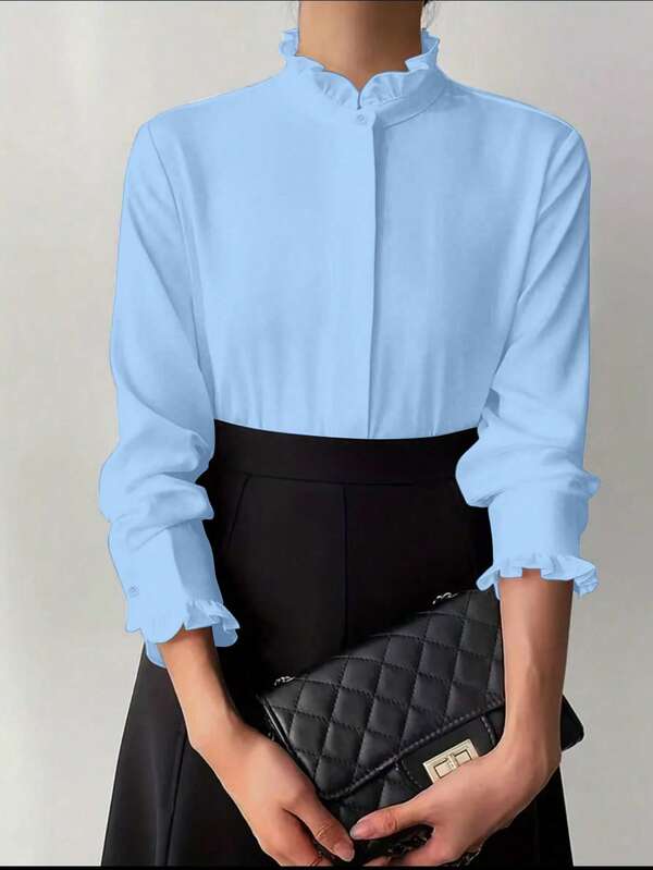 White Ruffle Collar Blouse For Women, Solid Color, Minimalist, Casual Everyday Wear