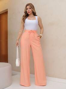 FASHION MO, REF: H995 - Women's Casual High Waist Solid Pants With Straight Tie And Adjustable Waist Belt, Fashionable Wide Leg Women's Pants, Suitable For Autumn And Winter Daily Wear, Office And Family Gatherings (The Pants Are Not Stretchy) - 橘色 - 查看 5
