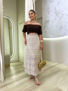 Long Skirt Lace Knit Crochet Stitch Summer Fashion Lined Midi Luxury Knit Beach Pool Simple Elegant Casual Knit Knitted Openwork Fabric Beach Skirt Holiday Summer - 綠色 - 查看 3