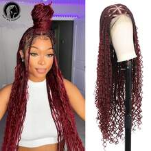 全蕾丝前结盒编织假发，带婴儿头发和波西米亚风卷发，36 英寸合成蕾丝前盒编织假发，日常使用 - 酒紅色 - 查看 1