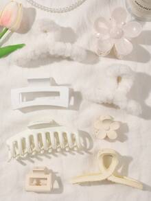 8 pièces/set Accessoires capillaires minimalistes beige doux - Fleur, os, carré moelleux, nœud papillon croisé droit, frange latérale, support de queue de cheval, polyvalent pour un port quotidien, pinces à cheveux mode automne/hiver pour tenues de vacances femme