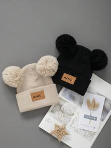 1/2/3件双绒球婴儿针织帽纯色羊毛钩针帽毛绒球儿童套头帽冬季保暖儿童无檐帽 - 彩色 - 查看 4