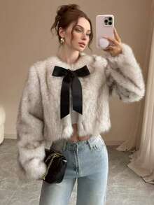 Elegante Damen Kunstfell Kurze Jacke mit langen regulären Ärmeln, Stehkragen und charmanter Schleife vorne