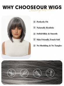 12 英寸优雅灰色长卷发假发，带挑染和刘海 - 深色发根至浅色发梢，适合女士日常派对度假旅行的合成假发