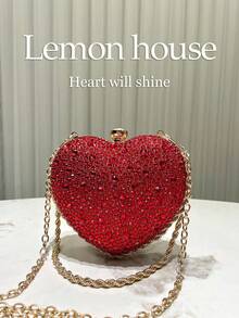 1pc Glamorous Sparkling Red Rhinestone Heart Shaped Clutch Bag, Cute Mini Heart Glitter Asymmetrical Handbag, Suitable For Evening Party, Wedding, Banquet, Celebration Events, Great Gift For Women, Valentine's Day - Red - View 2