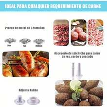 Picadora de Carne Automática Completa., Picadora de Carne Eléctrica, con 1 Bandeja de Picadora, 3 Placas de Corte, Empujador de Salchichas, Empujador de Alimentos, Consejos de Mezcla y Picado y Kit Kubbe, Potentes Picadoras de Acero Inoxidable para Cocina - Plateado - Ver 4
