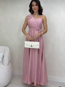 Women's Long Dress With Straps, Elegant Bow, Chic Party, Wedding, Graduation, Evangelical Fashion, Bojo - 藕粉色 - 查看 3