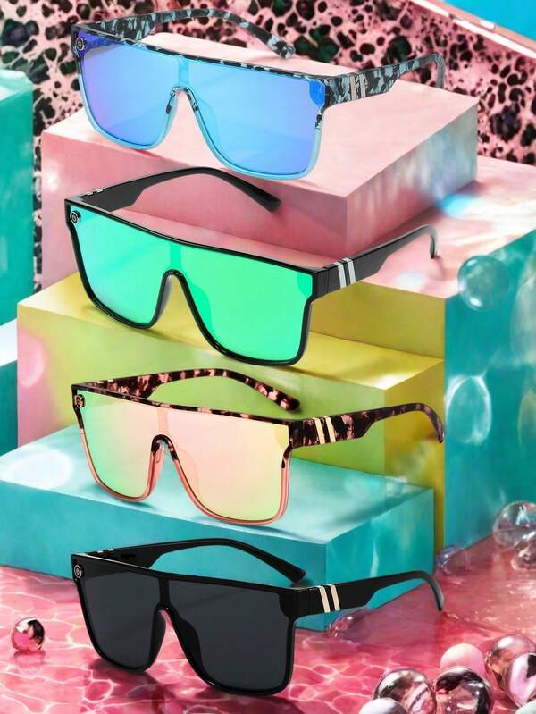 4pcs Geometric Gradient Color Casual Bohemian Retro Palace Style Party Cute Sexy Street Elegant PC Oversized Fashion ! Multi-Style Glasses To Create An Eye-Catching Look, Leopard Print Elements For Wild Vibe, Contrast Color Temples For Personalized, Suitable For All Seasons