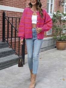 Womens Striped Cardigan Sweaters Casual Open Front Long Sleeve Button Down Knit Outwear - Hot Pink - View 4