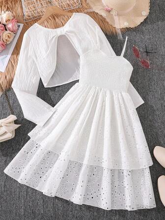 Left Mama Conjunto de vestido camisola minimalista y elegante para niñas con doble capa y manga larga como cubierta, para primavera/otoño