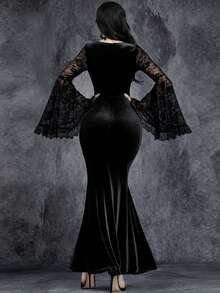 Women's Gothic Dark Sexy Elegant Romantic Retro Gorgeous Lace Splicing Hollow Metal Rope Bow Tie Witch Sleeve Halloween Role Playing Velvet Party Dress, Valentine's Day Wedding Black - Black - View 3