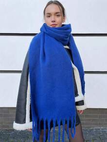 1pc Solid Color Scarf, Winter Warm Neck, Thickened Wool Knitted Thick Fringed Shawl, Winter Scarf For Dress