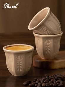 shoxil 1pc Saudi Coffee Cup, Ceramic Cup, Coffee Cup, Teacup, Matcha Cup, Water Cup, Embossed Tulip Ceramic Cup, Middle Eastern Style Coffee Cup, Handmade Hook Flower Coaster, For Home, Coffee Shop, Courtyard, Saudi National Day