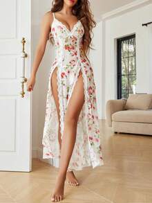 2-Piece Sexy Lingerie Sleepwear Set For Women – Includes Lace V-Neck Chemise Nightdress And Matching Panties, Sheer Mesh Nightwear With Side Split, Enhances Feminine Charm, Perfect For Daily Wear, Romantic Nights - Đỏ và trắng - Xem 2