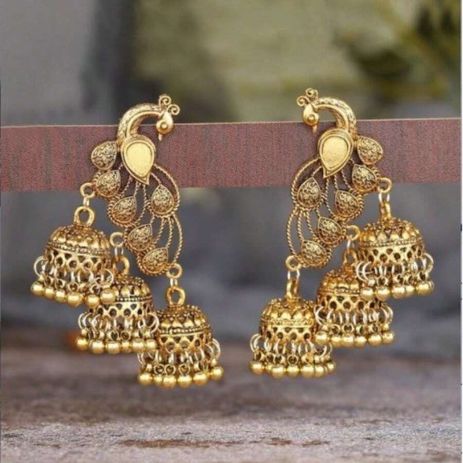 1 par de pendientes colgantes de campana vintage con diseño de pavo real, casuales y elegantes para mujeres