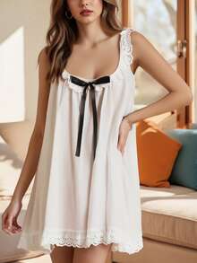 Women's Y2K Sleepwear Babydoll Mini Dress Lace Trim Sleeveless Bow Tie Front Ruffle Flowy Pajama Cami Dress Summer Loungewear Nightwear Dress Daily Casual Lounge Short Dress - 白色 - 查看 7