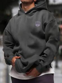 男士字母与风景图案街头风羊毛连帽衫，秋冬 - 深灰色 - 查看 5