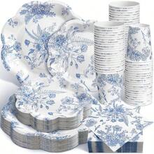 250 Pcs Blue Floral Disposable Plates And Napkins Blue And White Floral Paper Tableware Set For 50 Guests Paper Plates Napkins Cups For Wedding Bridal Shower Party Supplies - 藍色 - 查看 1