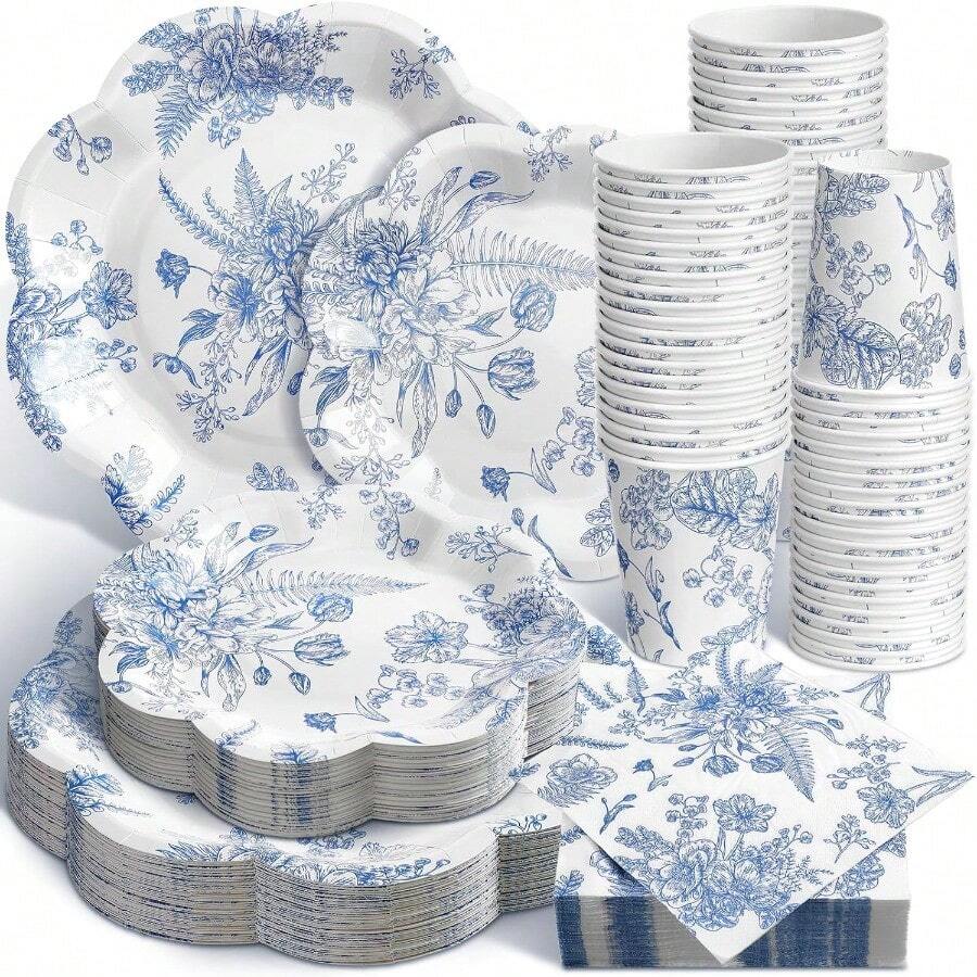 250 Pcs Blue Floral Disposable Plates And Napkins Blue And White Floral Paper Tableware Set For 50 Guests Paper Plates Napkins Cups For Wedding Bridal Shower Party Supplies - 藍色 - 查看 1
