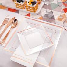 350Pcs Rose Gold Plastic Plates Clear Rose Gold Disposable Dinnerware Sets For 50Guests Include 100 Plates 50 Cups 50Plastic Cutlery 50Napkins Perfect For PartyWeddingMother's Day - 方形透明玫瑰金 - 查看 4