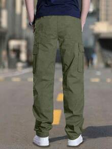 Pantalones cargo de unicolor para hombre talla grande, pierna recta holgada, múltiples bolsillos, deportes al aire libre, desplazamientos, casual, primavera/otoño - Verde militar - Ver 4