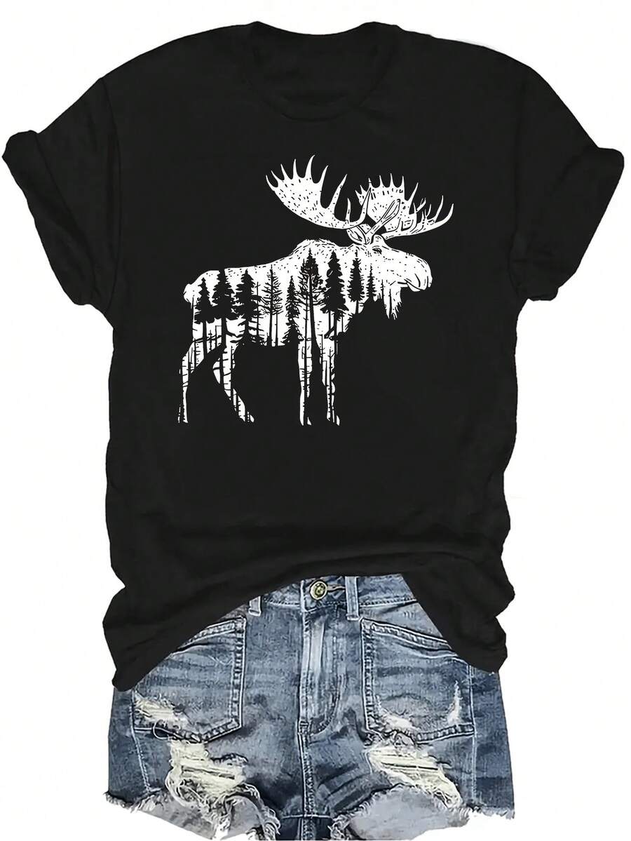 Camiseta con estampado geométrico de alce para mujer y unisex, de verano, casual, transpirable y con personalidad. Cuello redondo, manga corta, estilo urbano y versátil, adecuada para adolescentes y adultos - Negro - Ver 1