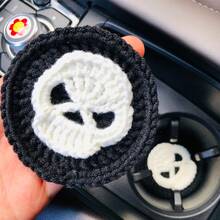 onEternal 2pcs Halloween Skeleton Handmade Crochet Cup Mats, Car Interior Decor