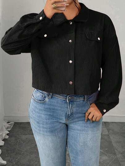Women Plus Size Crop Jacket Solid Color Long Sleeve Turn Down Collar Button Down Coat