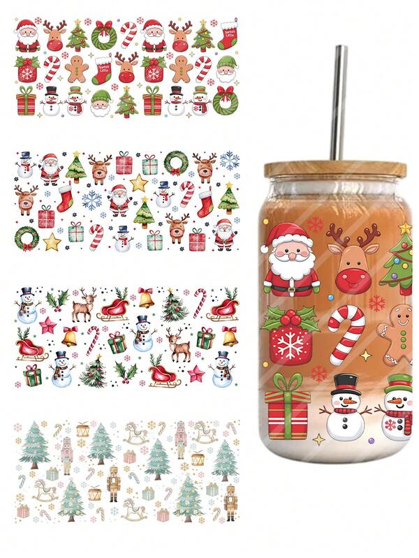 4pcs Cute Christmas Santa Claus Snowman Reindeer Nutcracker DIY UV DTF Rub On Transfer Sticker For 16oz Libbey Glass Cups Wraps Waterproof Sticker Bottle Sticker Mug Cup Cards Adhesive Sticker Xmas Party Home Decorations, Suitable For Any Hard Surface Transfer Sticker