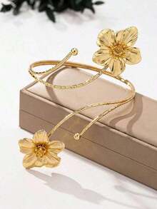 1pc European & Punk Style Exaggerated Alloy Metal Multi-Color Enamel Floral Bracelet, Fashionable And Cool For Summer. Colorful Floral Arm Chain, Suitable For Women Daily Wear, Various Holidays, Mother's Day Gift, Social Events, Beach Vacation Jewelry - 金色 - 查看 3
