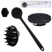 4pcs Silicone Body Brushing Set - 1pc Long Handle Back Scrubber, 1pc Short Shower Brush, 1pc Hair Washing Brush, And 1pc Face Cleansing Brush, Non-Electric Handheld Body & Face Brushes With Anti-Slip Handles, Effective Cleansing & Massaging Tool - Black - View 3