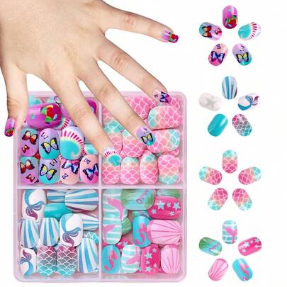 NAIO 96 Pcs/Set Y2K Baddie Style Kids Press-On Nails Acrylic False Nails Pre-Glued Full Cover Glitter Cute Gradient, Mermaid, Butterfly, Stars And Other Elements Short Kids Stick-On False Nails Set For Kids Little Girls - Cute Ocean Theme Nail Supplies