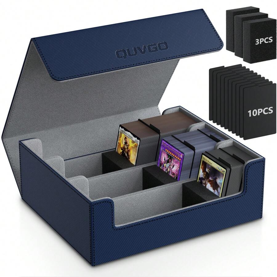 Trading Card Storage Box, Leather Storage Box With Strong Closure, Card Box With 10 Dividers And 3 Foam Stoppers, Commander Deck Box Fit And Sport Cards, Storage, Small Box,Christmas Card Gift - Blue-gray - View 1
