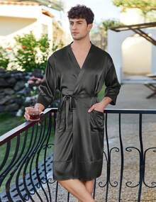 Mens Satin Robe Lightweight Silky Kimono Bathrobe 3/4 Sleeve Spa Knee Length Loungewear With Pockets S-3XLhalloween - 綠湖 - 查看 8