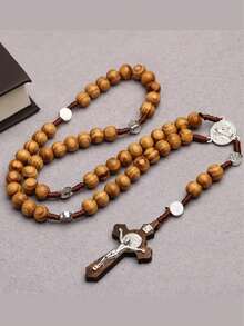 Vintage Wood Bead Cross Pendant Necklace, Alloy Decorative Brown Tone INRI Design Men's Spiritual Fashion Necklace, Country Style Natural Wood Grain Cross Necklace - màu nâu - Xem 5