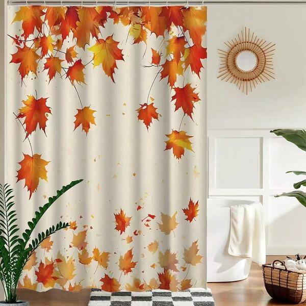 1pc Autumn Maple Tree & Cottage Printed Waterproof Polyester Shower Curtain, Machine Washable, Suitable For Bathroom Or Autumn Shower Decor, Comes With 12 Hooks Bathroom DecorChristmas Decor