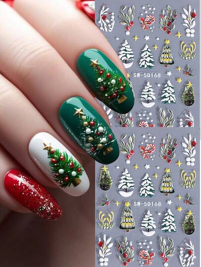 2 件 5D 浮雕圣诞树美甲贴纸，适合这个圣诞季节，绿鹿鹿角冬青星圣诞美甲设计 DIY 自粘贴花美甲装饰指甲配件