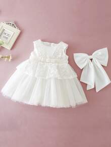Baby Girls' White Christening Dress 0-2 Years, Baptism Tulle Dress With Bow, Suitable For 1st Birthday Party, Wedding, Ceremony