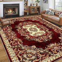 1 Piece Luxury Velvet Floor Mat - Bohemian Retro  Floral Pattern Design, Non-Slip And Machine Washable, 100% Polyester Fiber, Large Size (2. 16 Square Meters And Above), Suitable For Living Room And Bedroom High Traffic Areas, Dark Red And Gold Bohemian Floral Rug, For Living Room And Bedroom Decoration, Exquisite Floral Pattern, Soft Texture - Multicolor - View 4