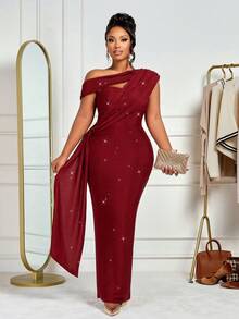 BIUBIU 大码女士优雅性感红色不对称露肩修身连衣裙，高弹亮片针织面料，适合派对、周年纪念、婚礼宾客、万圣节、秋冬夏季穿着 - 酒紅色 - 查看 7