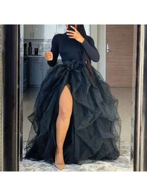 Women's Tulle Maxi Skirt Vestidos De Fiesta Elegantes Floor Length Layered Elastic High Waist Split Skirt A-Line Puffy Lace Mesh Tutu Skirt