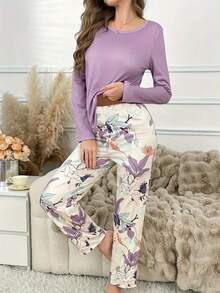 Purple Long Sleeve & Pants Pajama Set For Women - Purple - View 6