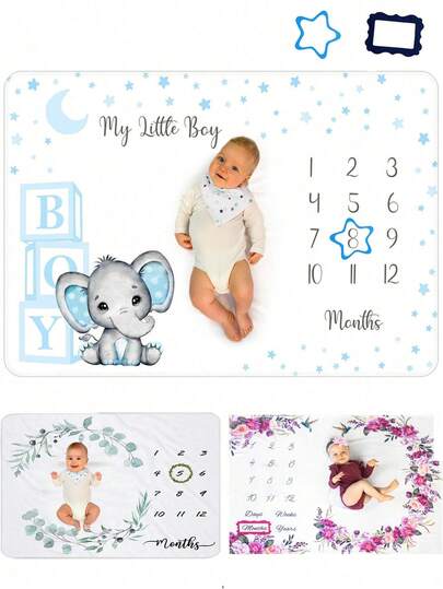 1pc Monthly Milestone Blanket For Boy And Girl– Premium Extra Soft For Baby Shower – Newborn Month Nursery Decor – Capture Growth – With Frames