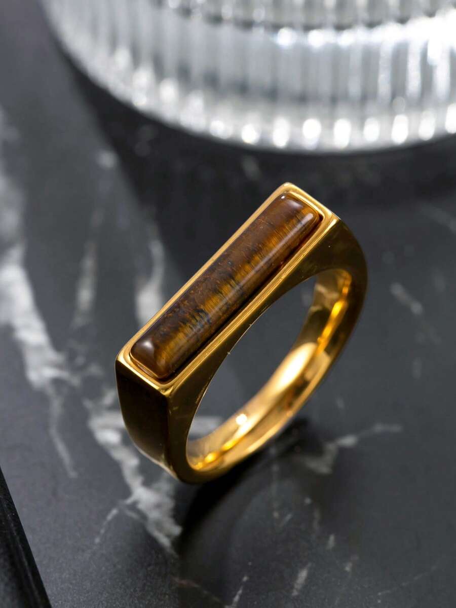Nhẫn đá mắt hổ bằng thép không gỉ mạ vàng 18K, thiết kế tinh tế và độc đáo, phù hợp để đeo hàng ngày, unisex, món quà tuyệt vời cho các dịp lễ.