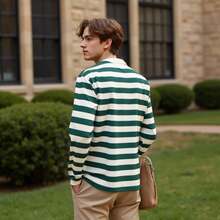 男士绿白条纹Polo衫，经典绿条纹衬衫，休闲街头风Polo衫，适合钓鱼、足球等户外活动，简约时尚的春秋单品，长袖上衣 - 綠色 - 查看 2