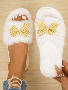 planare Pantuflas de mujer de lujo y elegantes de piel sintética con forro térmico, ligeras, cómodas, antideslizantes, adecuadas para uso en el hogar, sencillas y con diseño de lazo a cuadros - Blanco - Ver 7
