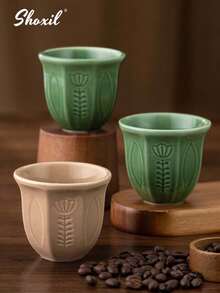 shoxil 1pc Saudi Coffee Cup, Ceramic Cup, Coffee Cup, Teacup, Matcha Cup, Water Cup, Embossed Tulip Ceramic Cup, Middle Eastern Style Coffee Cup, Handmade Hook Flower Coaster, For Home, Coffee Shop, Courtyard, Saudi National Day