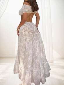 Conjunto de 2 piezas de blusa corta de encaje con escote de una línea y vestido con cordones y cintura alta para mujer - Blanco - Ver 2